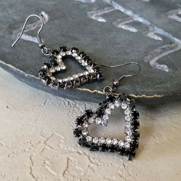Open Heart Gunmetal Grey Black and Clear Austrian Crystal Dangle Earrings - Picture 5 of 6